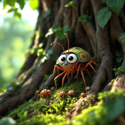 The primary subject of the image is a green and orange insect, possibly a grasshopper or a similar creature, standing on a mossy tree branch. The setting is a forest environment, with the insect surrounded by greenery and a tree trunk nearby. The visual style of the image is a digital art or illustration, showcasing the insect's unique features and colors. The dominant colors in the image are green, orange, and white, creating a lively and natural atmosphere.